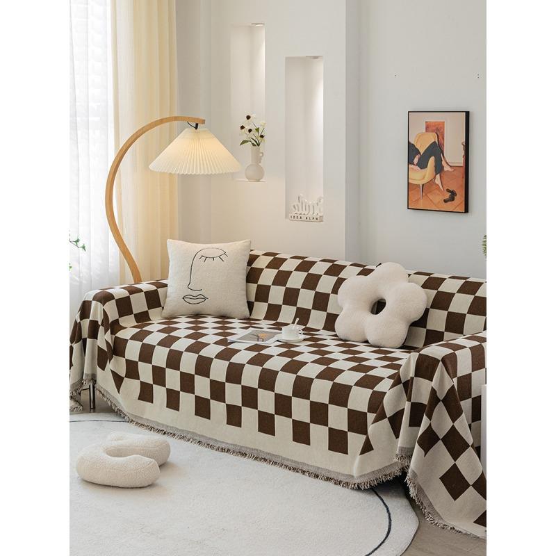 Chenille Black and White Plaid Sofa Cushion Sofa Cover Four Seasons Universal Simple Black Cushion Backrest Towel Cover Cloth
