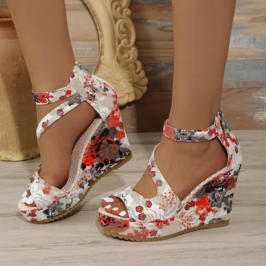 2024 Hot Sale Ladies Shoes Cover Heel Women's Sandals Dress Sandals Women Print Back Zip Platform Wedges Shoes Women