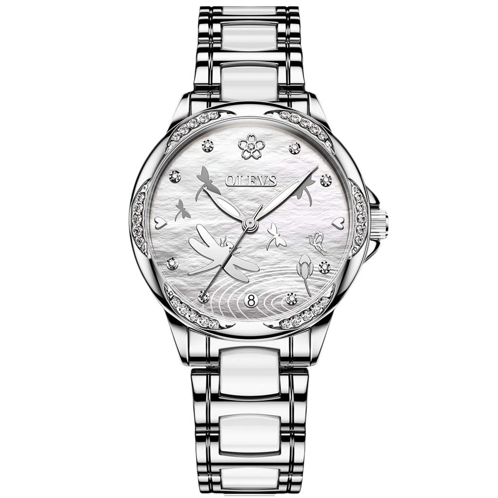 RORIOS Cute and Stylish Mechanical Automatic Watch with Dragonfly Luminous Hollow Ceramic Silver Business Watch Women's Watch, Decoration, Band,