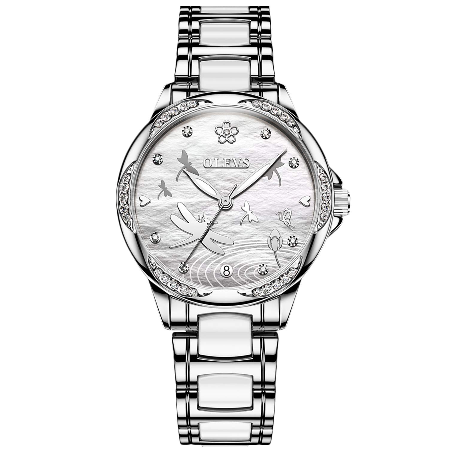 

RORIOS Милые и стильные механические автоматические часы с люминесцентным полым циферблатом с изображением стрекозы, серебристые керамические деловые часы, женские часы, украшение, ремешок,