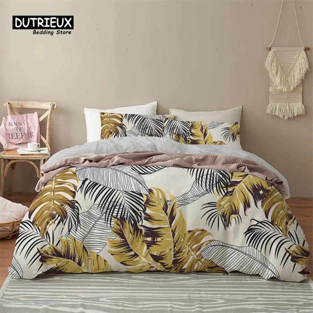 Green Palm Leaf Floral Bedding Set Tropical Leaves Flowers Animals Duvet Cover Microfiber Comforter Cover For Adults Kids Decor