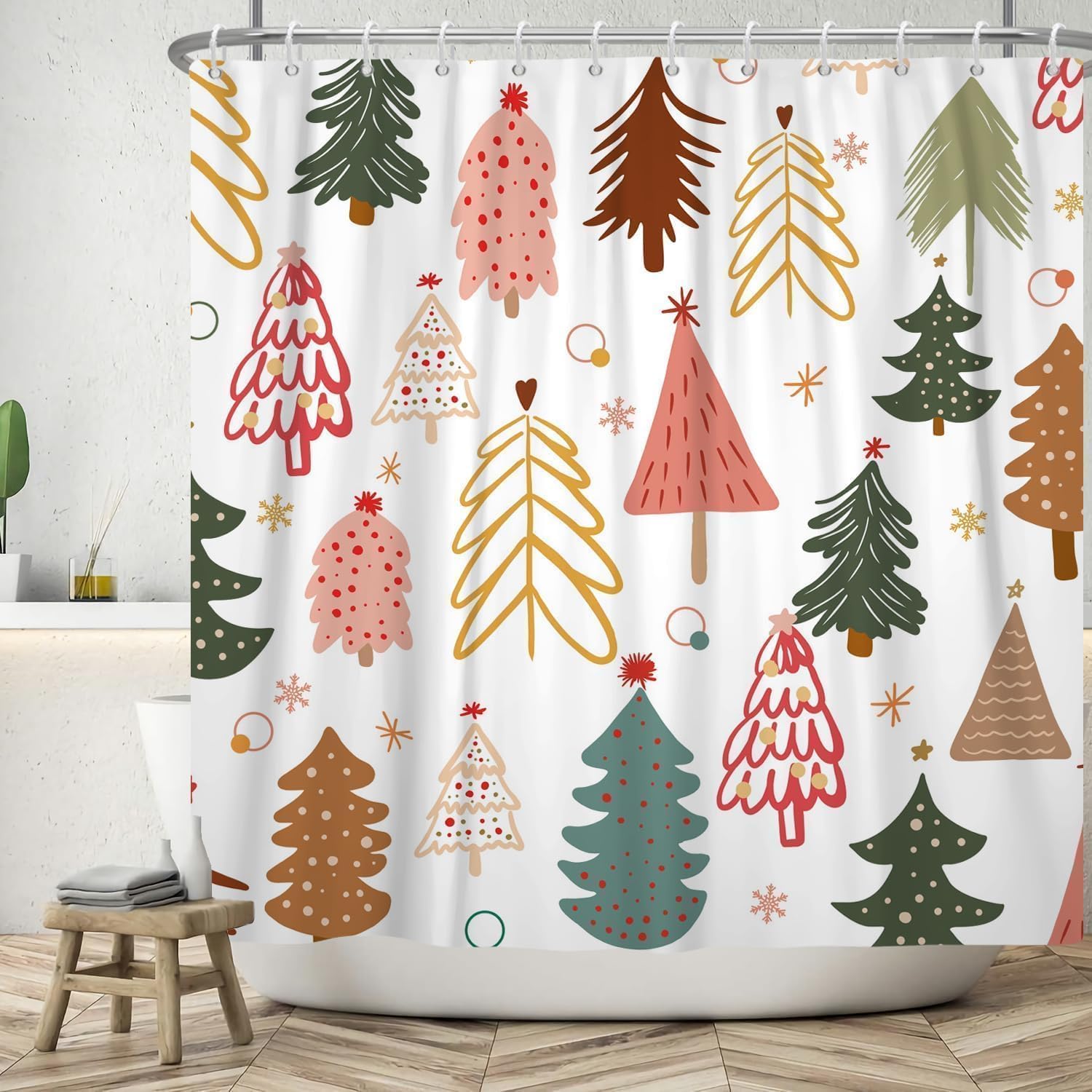 

Abstract Boho Christmas Tree Shower Curtain With Mid-Century Snowflakes Design, Waterproof Bathroom Decor Set For Holiday Style W60H190(CM)-1 Pcs