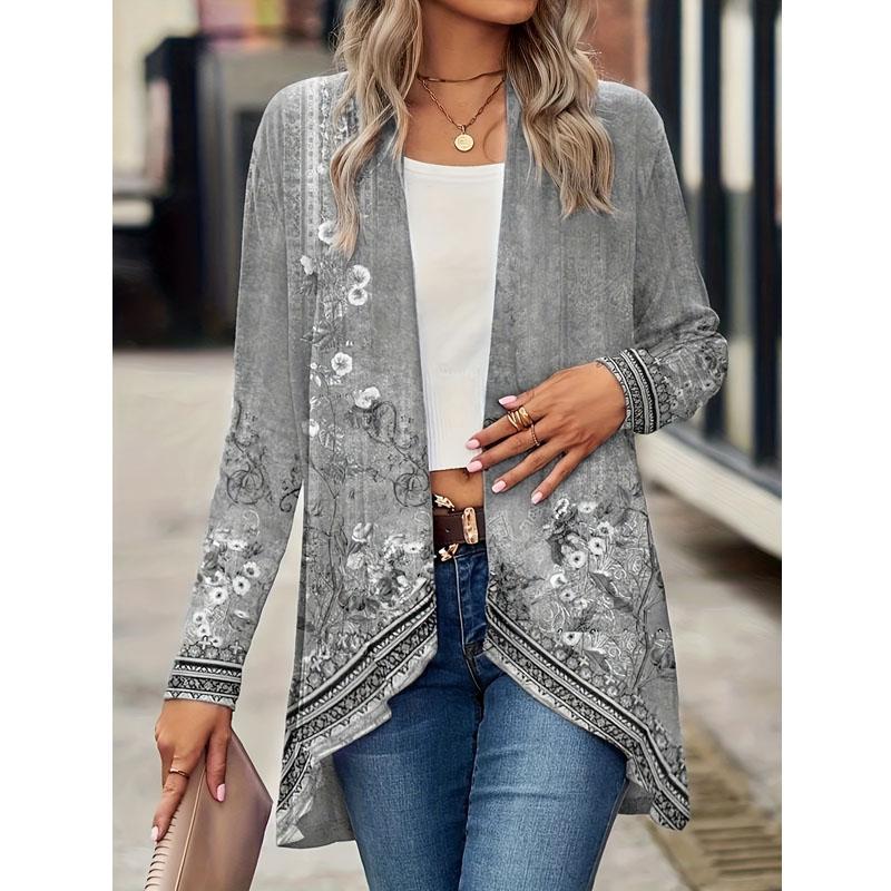 Women's Fall and Winter Fashion Casual Printed Long Sleeve Mid-Length Cardigan Jacket