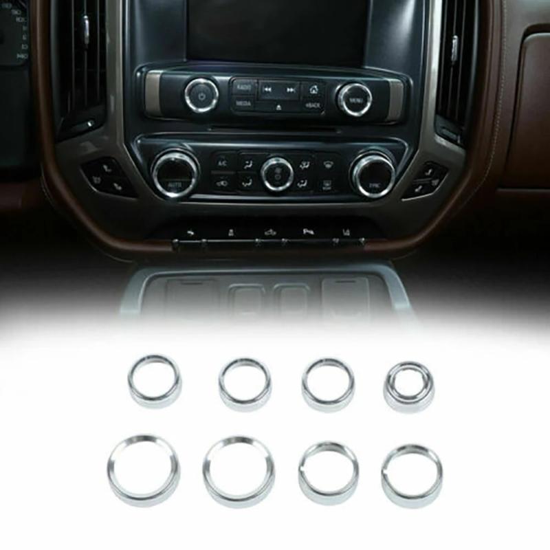 

8 шт. круглая ручка кондиционера, крышка ручки кондиционера, кнопка переключателя воздуховыпускного отверстия, декоративное кольцо, отделка для Chevrolet Silverado 2014-2018 серебряный