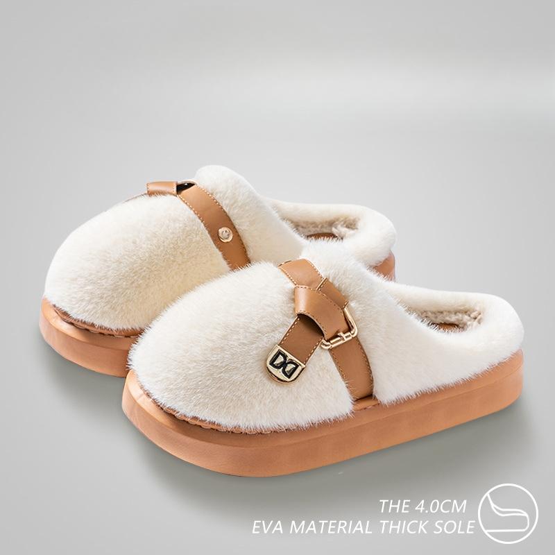 Fashion Winter Women Fluffy Slippers Fashion Belt Thick Sole Outdoor Snow Boots Platform Home Cotton Shoes Plush Warm Indoor Slippers