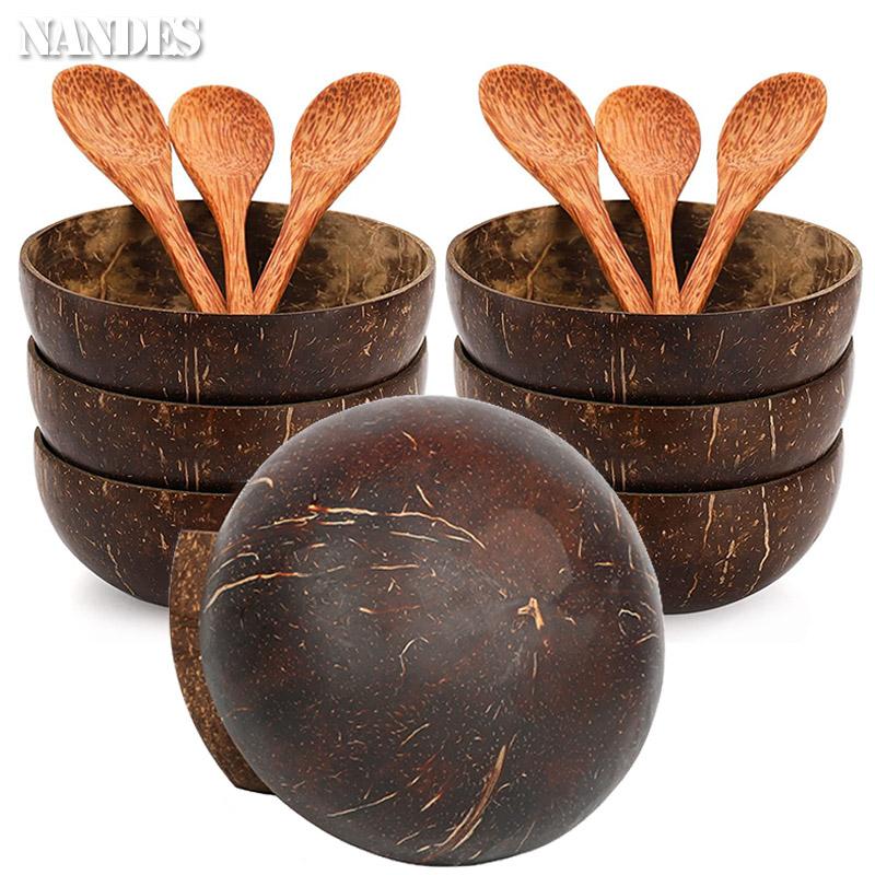 Natural Coconut Bowl Set Handmade Wooden Tableware Wood Spoon Dessert Fruit Salad Mixing Ramen Storage Bowl Kitchen Tableware