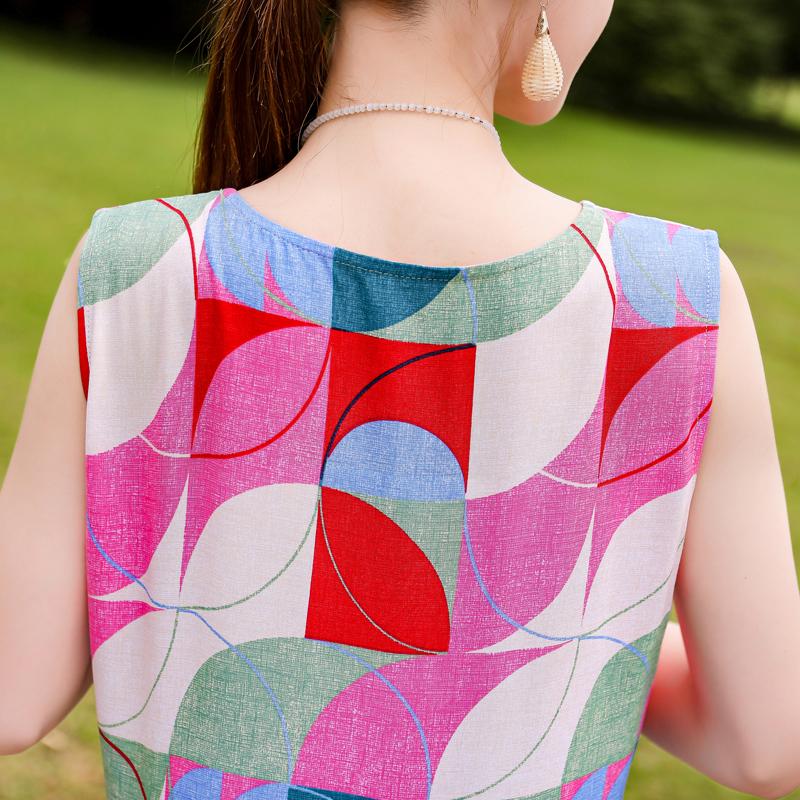 Elegant Sleeveless Dress for Women Plus Size Short Sleeve Vintage Print Long Dress Summer Casual Middle-aged Women's Clothing