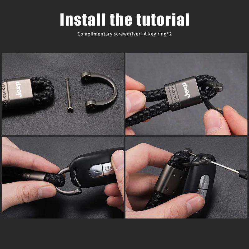 För Jeep Flätat Rep Bil Logotyp Nyckelring Metall Nyckelring Biltillbehör För Jeep Grand Cherokee Wrangler JK Gladiator Compass