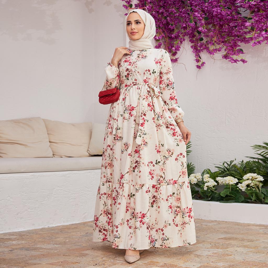 Rochie de in pentru femei cu model floral de vară, islamică, musulmană, cu mânecă lungă, Abaya cu brâu, căptușită sezon nou Fabricat în Turcia