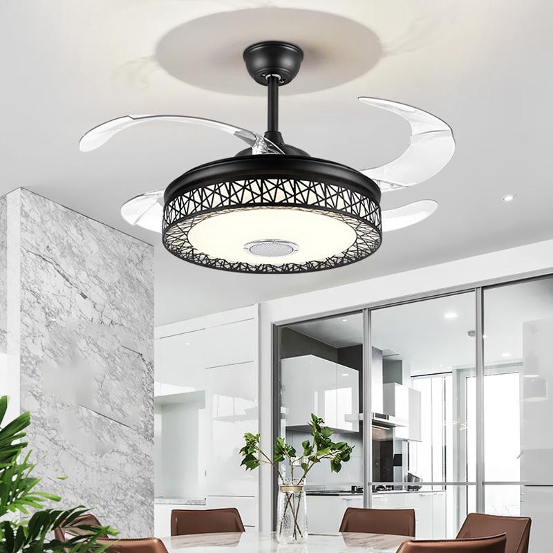 Led Invisible Blck Ceiling Fans Light 42" Retractable Blade Bluetooth Modern Folding Fan Lamp APP Remote Control Hanging Light