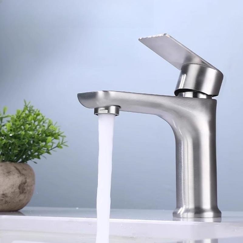 304 Stainless Steel Flat Single Cold Water Basin Faucet for Home Bathroom Countertop, Bathroom, Balcony Faucet