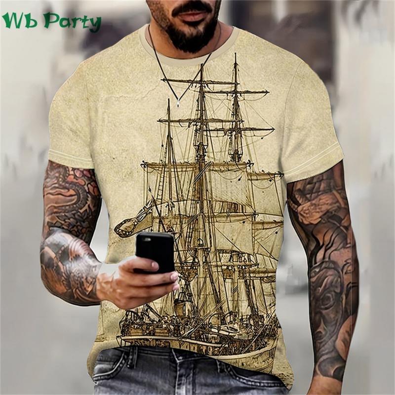 Pattern Print Mens Clothing T Shirt for Men Short Sleeve Tee Gym Clothing Men Male T-shirt Pirate Ship Print Clothes