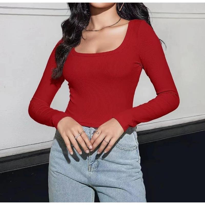 Womens Square Neck Ribbed Knit Long Sleeve Crop Top Casual Solid Color Fitted Blouse