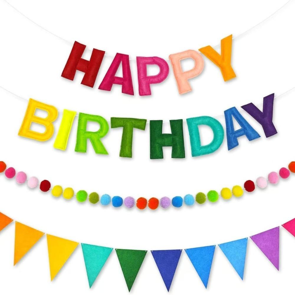 

3pcs Pre-Strung Happy Birthday Banner Rainbow Birthday Decorations Felt Birthday Day Sign Ball Garlands Triangle Bunting Reusable Colorful Banner Happy Birthday Banner