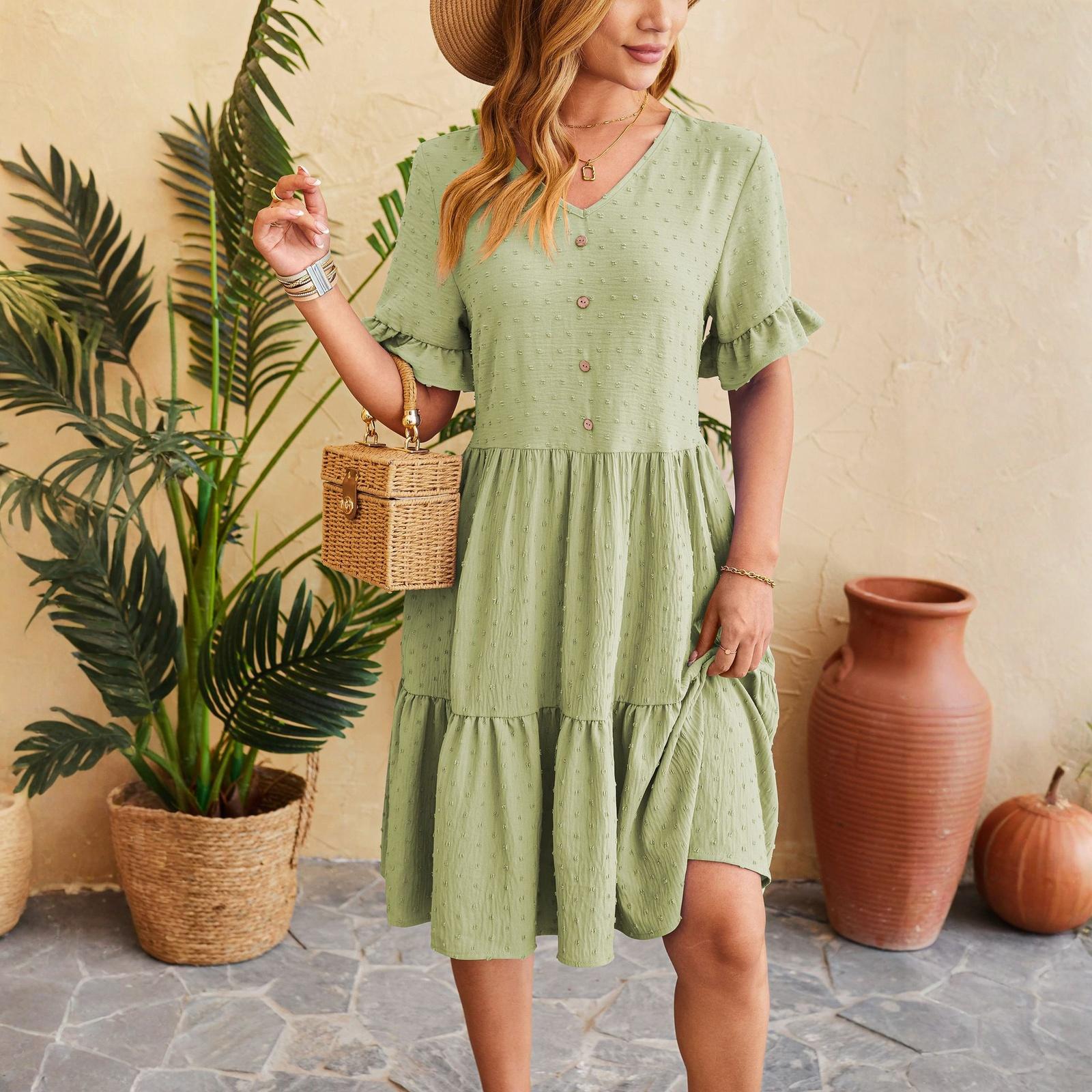 

Women s V,Neck Waist Waisted Pleated Sleeve Dresses S