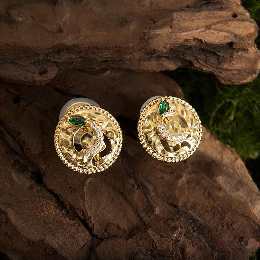 18K Gold-Plated S925 Silver Snake Stud Earrings with Retro Green Zircon