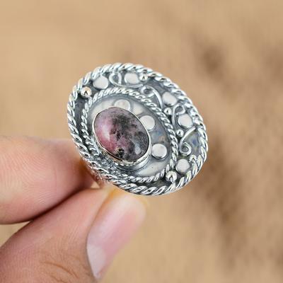 Rodonit Taşı Söz Nişan Eş Statement Boho Yüzük 925 Ayar Gümüş
