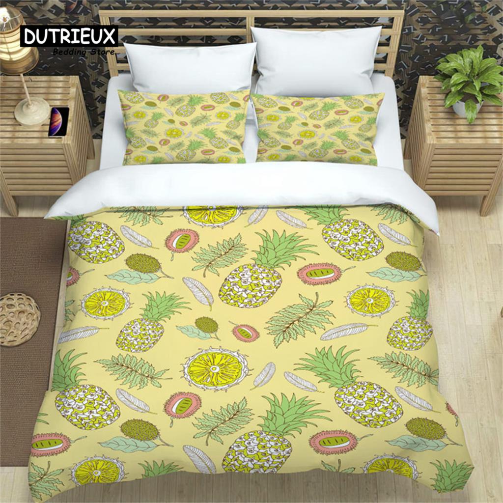 Summer Tropical Fruit Bedding Set Cartoon Fruits Orange Lemon Print Duvet Cover Microfiber Double Comforter Cover Bedroom Decor