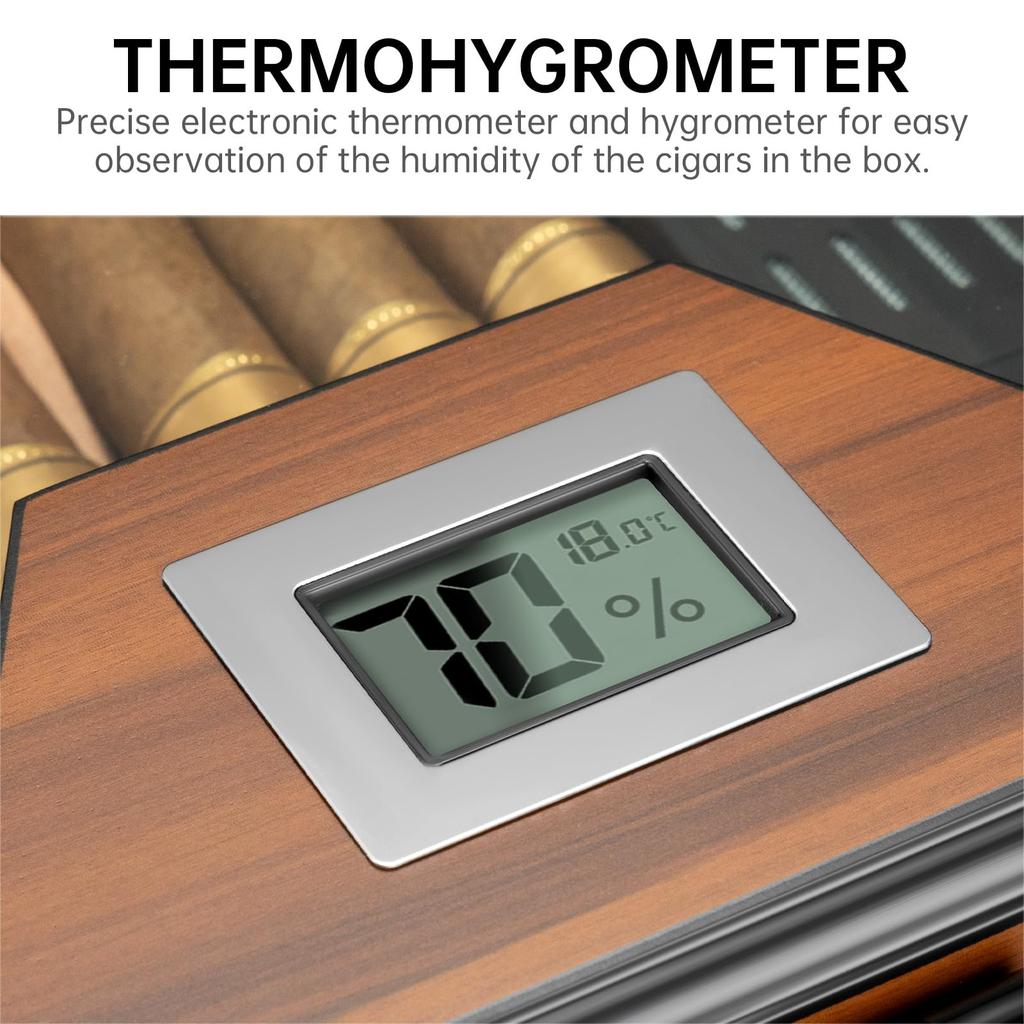 Cedar wood cigar humidor with digital hygrometer and humidifier, safety lock, cigar accessory storage drawer, and sealed humidor box cabinet with