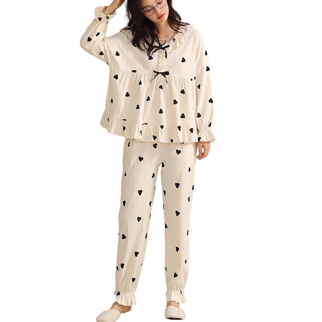Tamglean Quion Heart Print Pajama Perfect for Spring and Cute Long Loose Plus Ribbon Detail Women's V-Neck Set, Autumn, Lightweight, Ruffled,