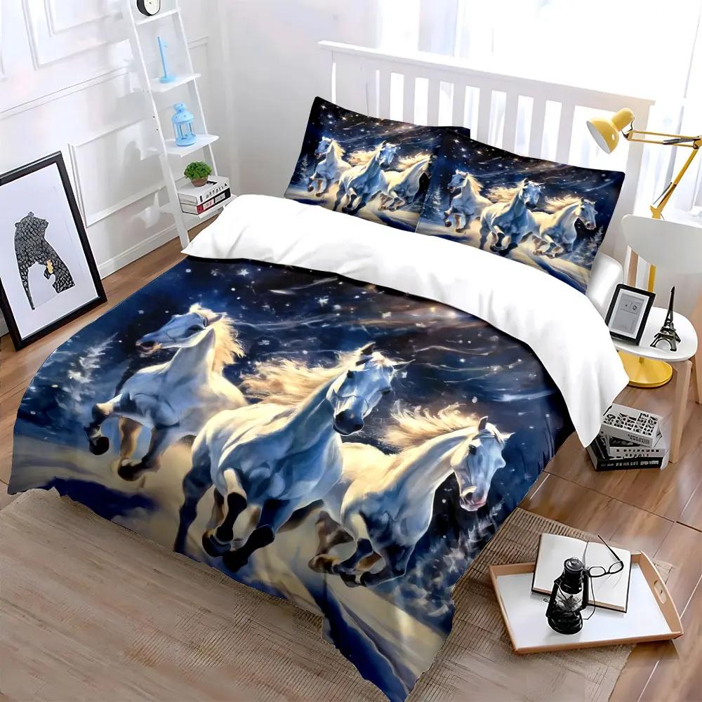 Winter Horses Artistic Print Decor Soft Comfortable Duvet Cover Bedding Set Included 1*Duvet Cover & 2*Pillowcases Gift