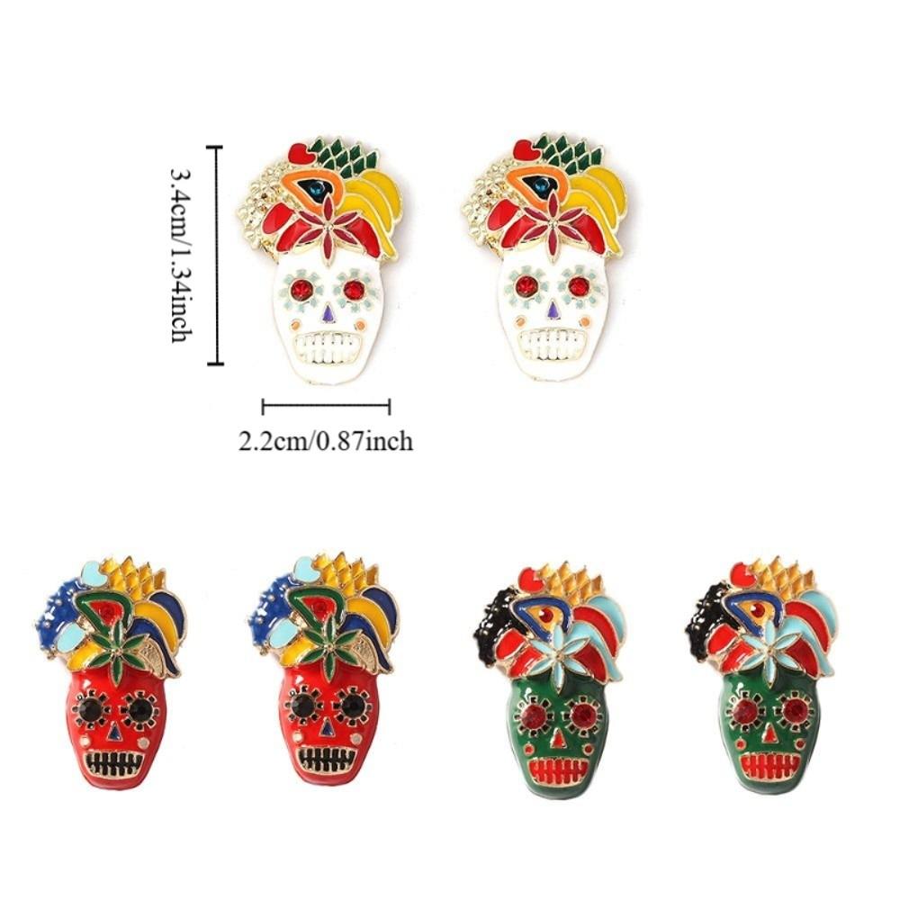Flower Dripping Oil Skull Earrings Rhinestone Enamel Skeleton Stud Earrings Vintage Earring  Autumn