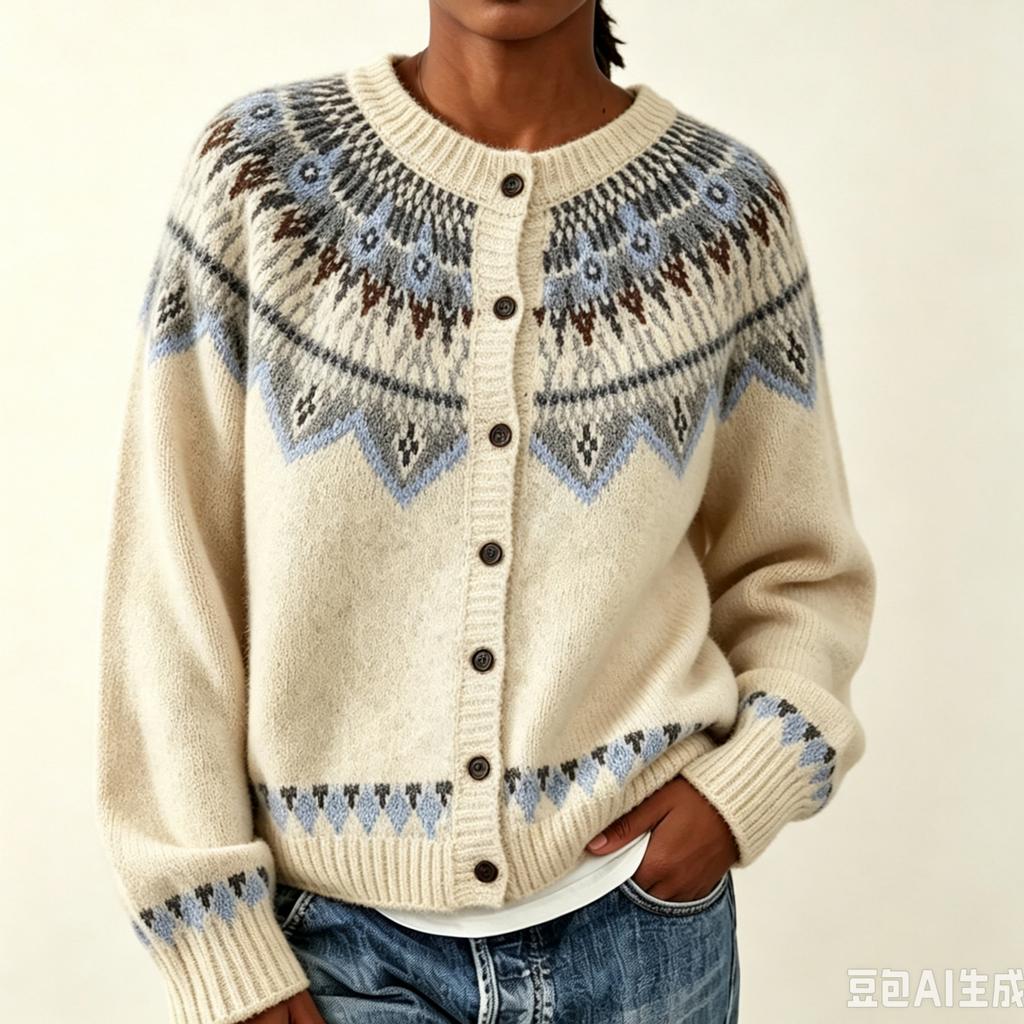 Cardigan a maglia da donna, Collo ampio, Blocco di colore, Fiocco di neve, Bottone