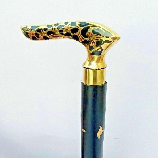 Antique Style Victorian Vintage Designer Brass Handle Cane Wooden Walking Stick