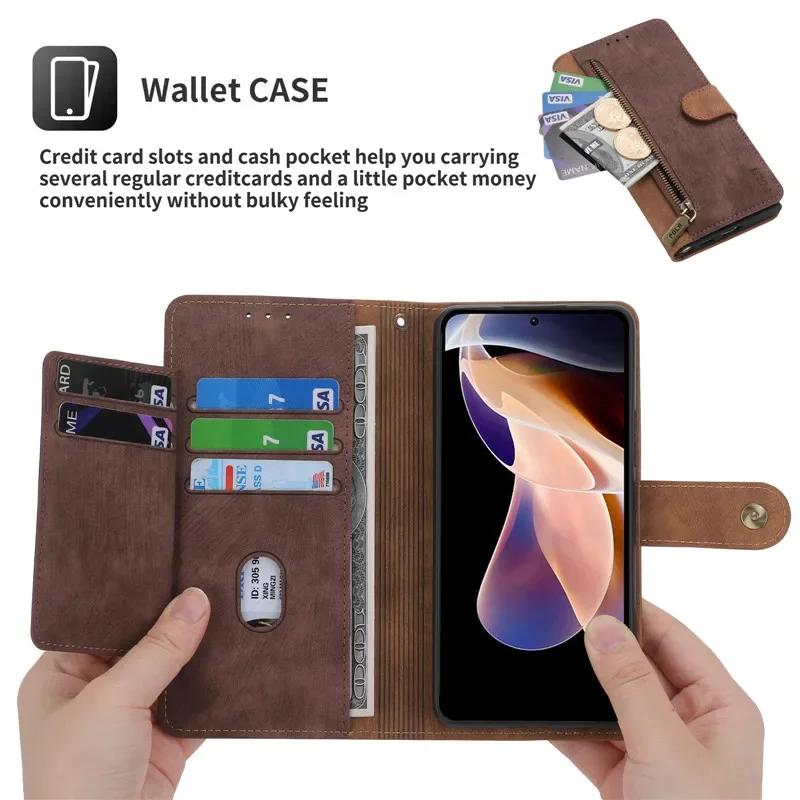 Lanyard Leather Zipper Wallet Card Phone Case For Xiaomi RedMi 14C 13C Note 14 Pro Plus 13 12 12S 11 11S 10S 9 Flip Stand Cover