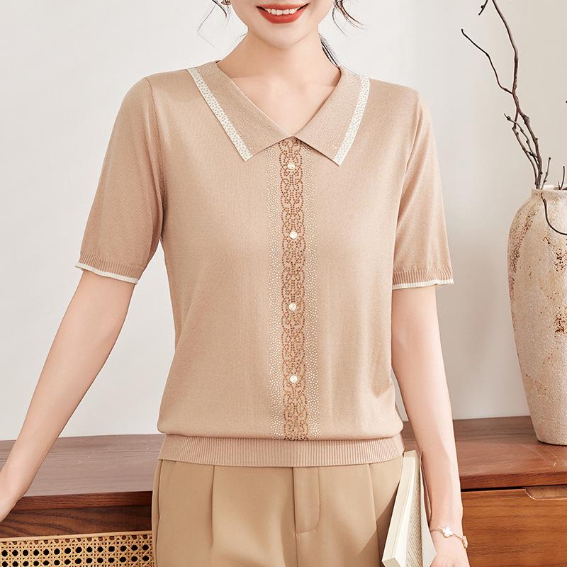 

Elegant Ice Silk Short-Sleeved Top for Mid-Aged & Elderly Women - Lightweight Summer T-Shirt with Lapel, Loose Fit 115