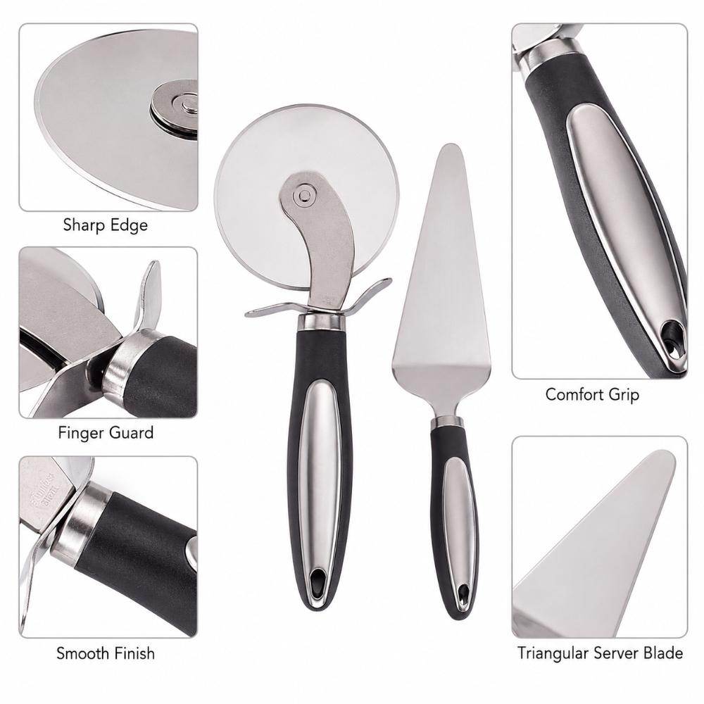 2PCS Pizza Cutter and Pie Server Set Stainless Steel Wheel Slicer Cake Shovel with Finger Guard Ergonomic Handle Kitchen Tool