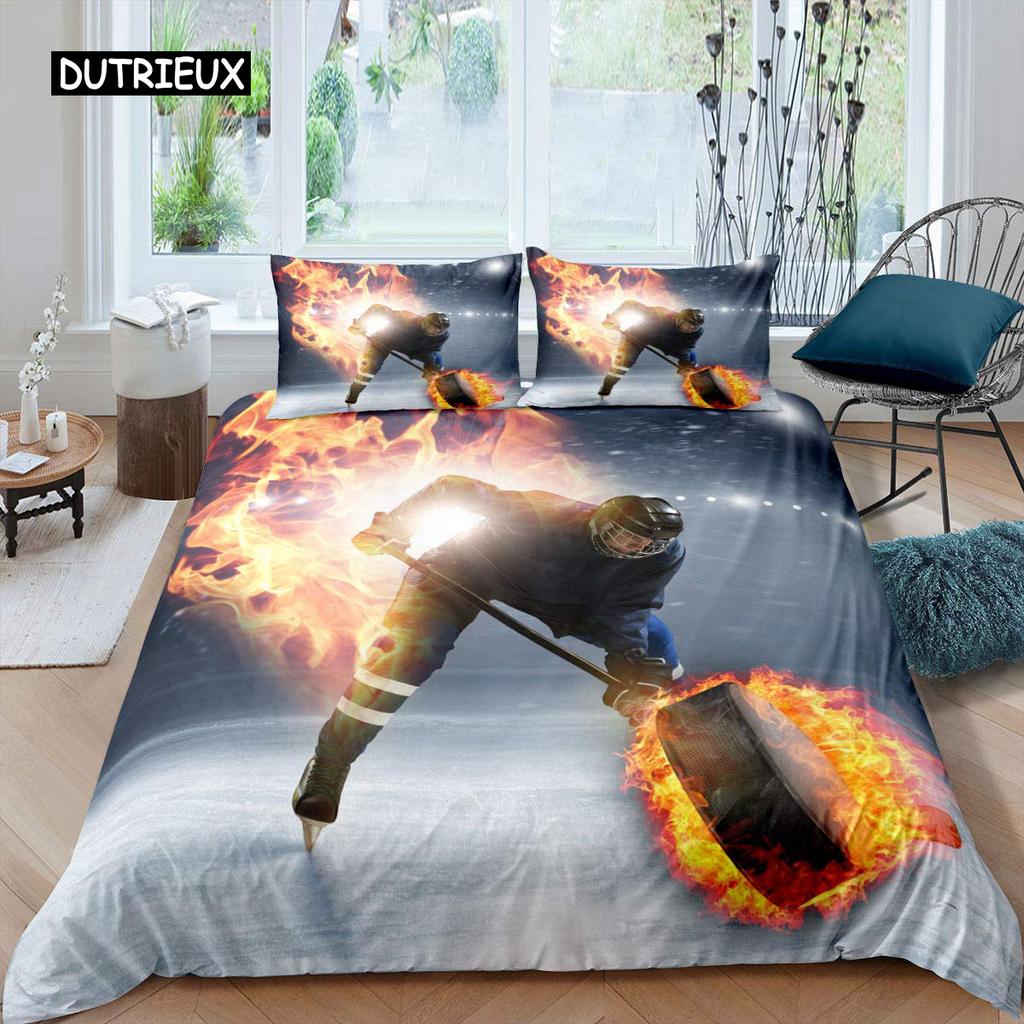Ice Hockey Duvet Cover Set Boys Puck King Size Sports Games Theme Bedding Set for Kids Youth Adult Men Winter Match Quilt Cover