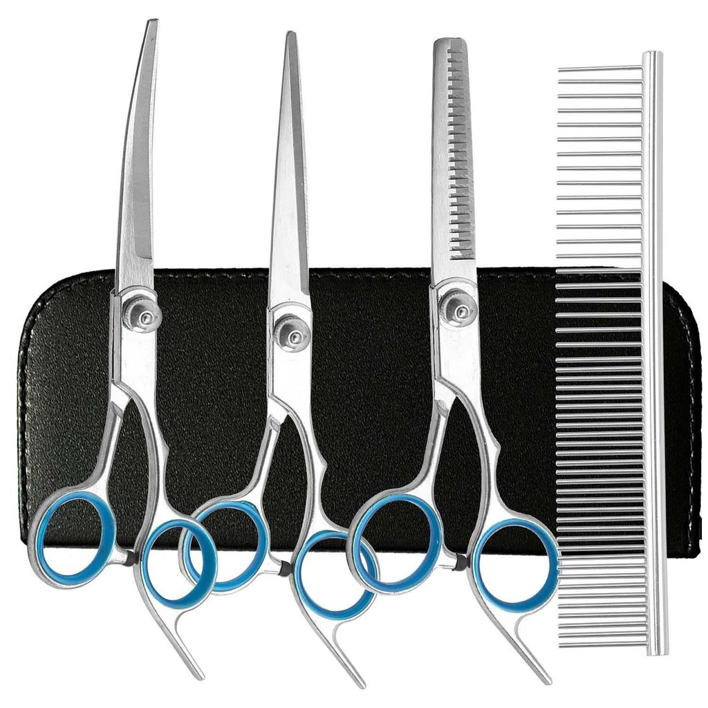 Portable Pet Grooming Scissor Set: Flat & Curved Hairdressing Tools