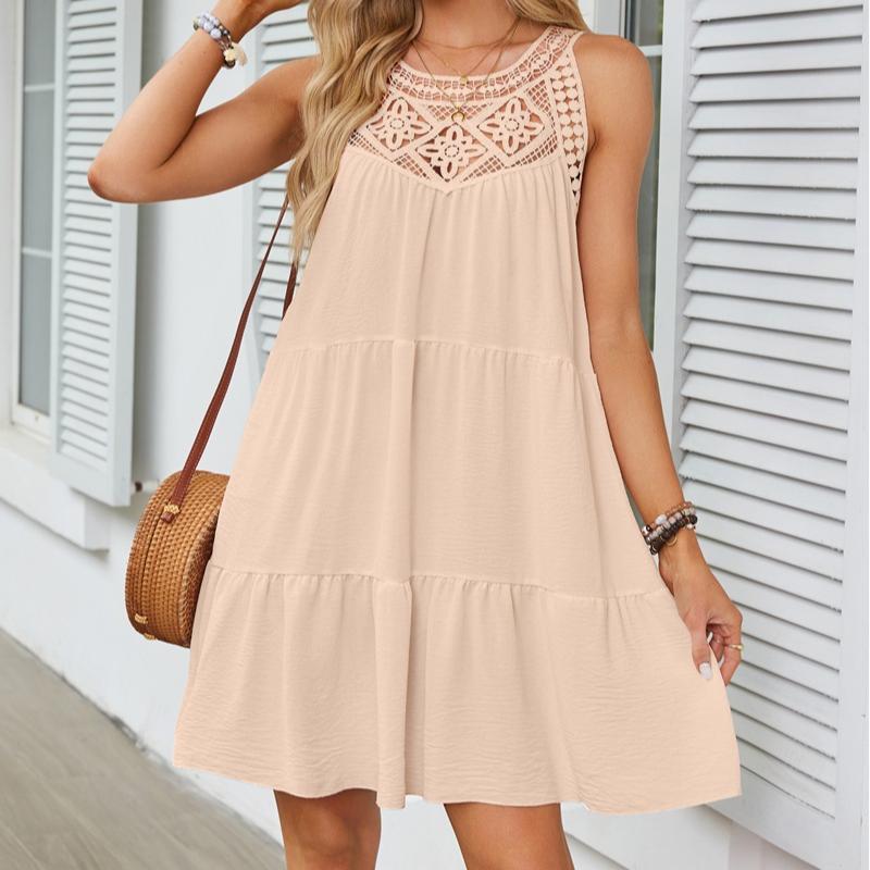 VEZFAA Damenmode Sommer Frühling Einfarbig Druck Ärmellos Hängender Hals Lose Taille Freizeitkleider