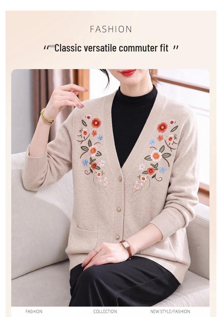 Hengyuanxiang Women's Autumn Floral V-Neck Knit Cardigan