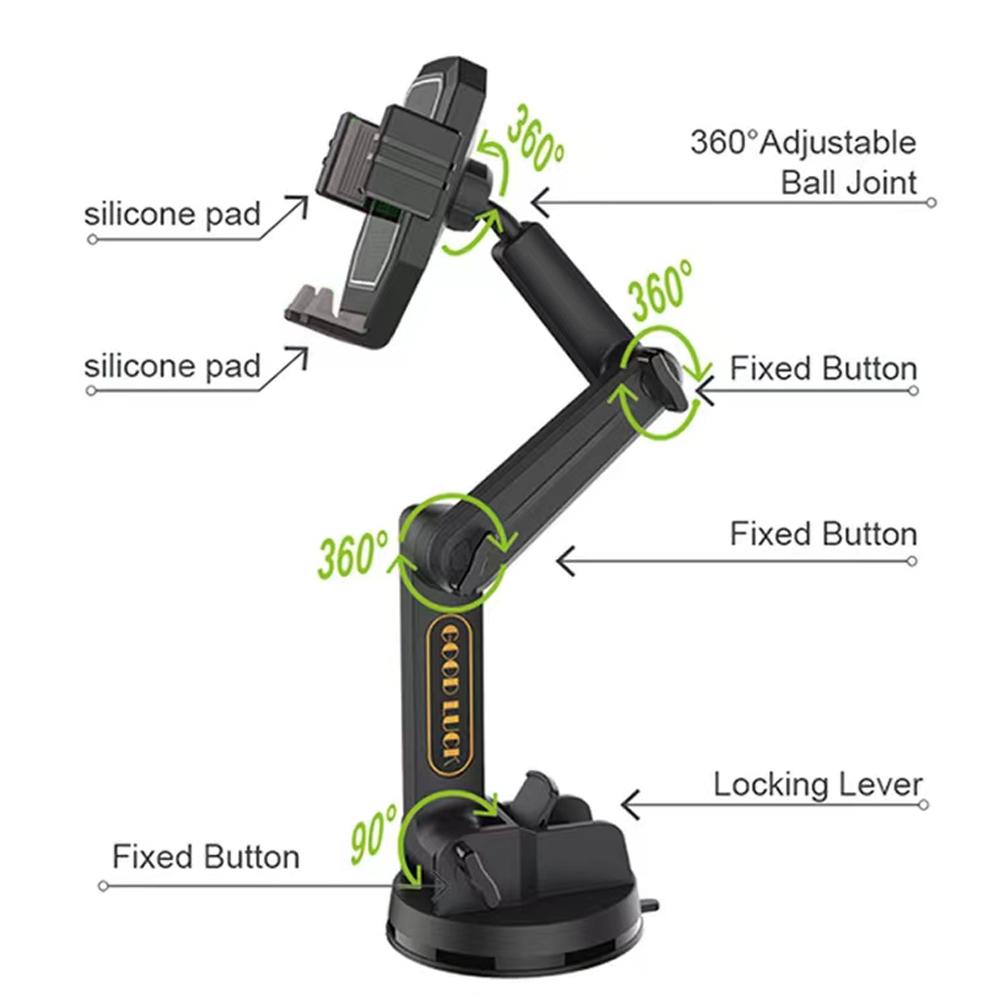 Long Arm Car Phone Mount 360-Degree Rotation Strong Suction Cup Windshield & Dashboard Holder for Secure Mobile Device Placement
