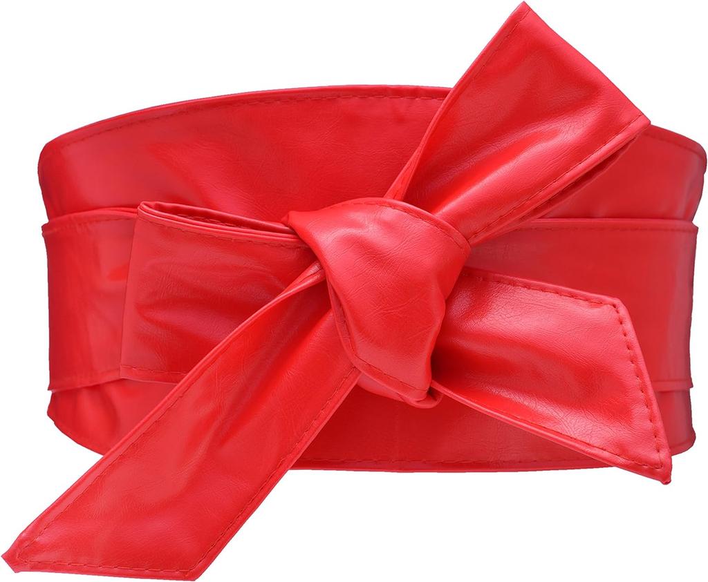Woman Wide PU Leather Belt Obi Belt Self Tie Cinch Belt Wrap Around Bowknot Waistband Bright for Dress