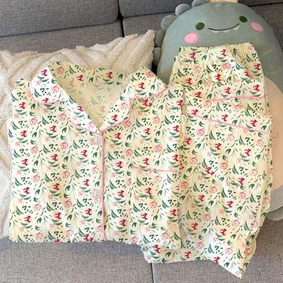 High-Quality Sweet Flower Lapel Cardigan Pajamas Women'S Spring Long-Sleeved Trousers Loungewear Set Can Be Worn Outside