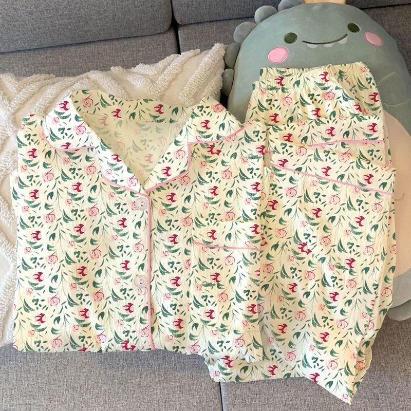 High-Quality Sweet Flower Lapel Cardigan Pajamas Women'S Spring Long-Sleeved Trousers Loungewear Set Can Be Worn Outside