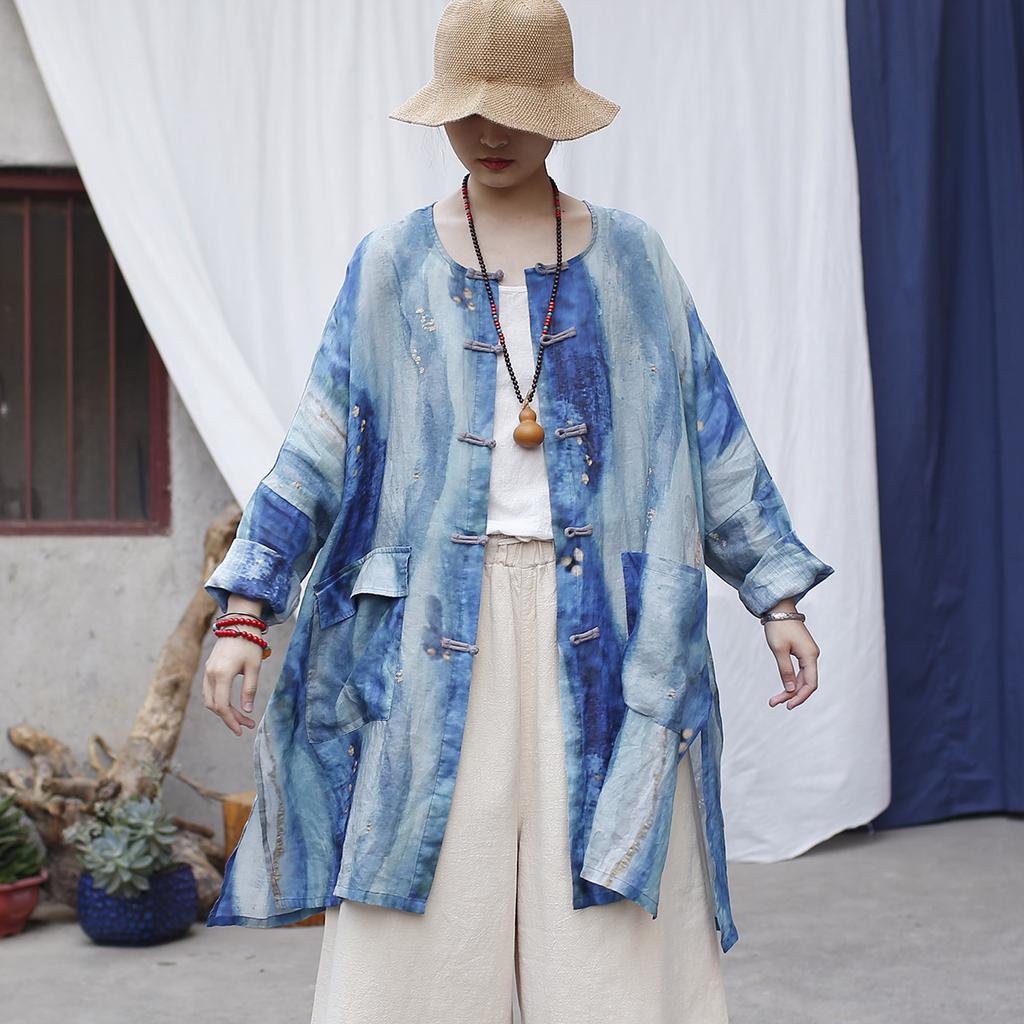 Johnature Vintage Herbsthemden O-Ausschnitt Fledermausärmel Blusen für Damen Knopf Patchwork Taschen Knopf Oberteile