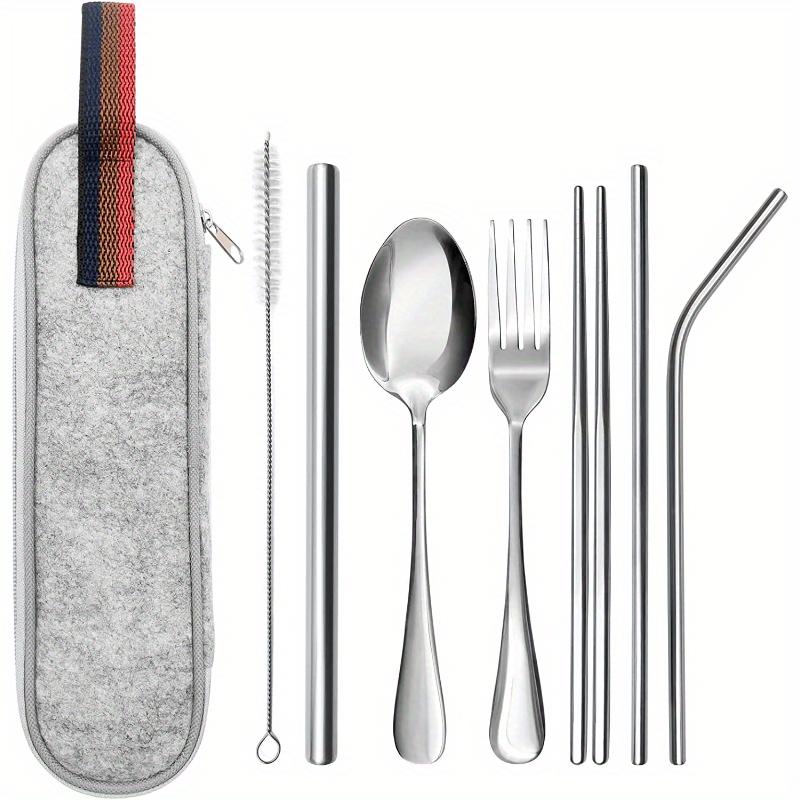 

Дорожный набор столовых приборов с чехлом, Дорожный набор столовых приборов включает многоразовые палочки для еды, вилку, нож и соломинки, Набор черных столовых приборов, Silvery 1SET