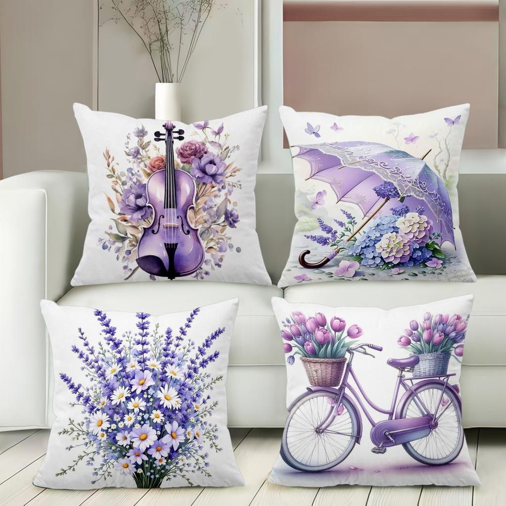 Lavender Patterned Pillows With Violin Umbrella Bicycle Flowers Polyester pillowcase, sofa cushion cov Headboard Pillow