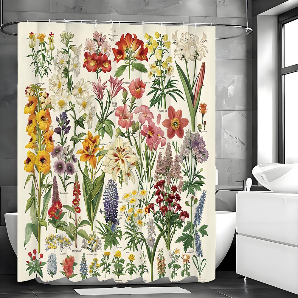 Vintage Botanical Print Floral Shower Curtain, Bathroom Decorative Shower Curtain, Waterproof Shower Curtain with Hooks