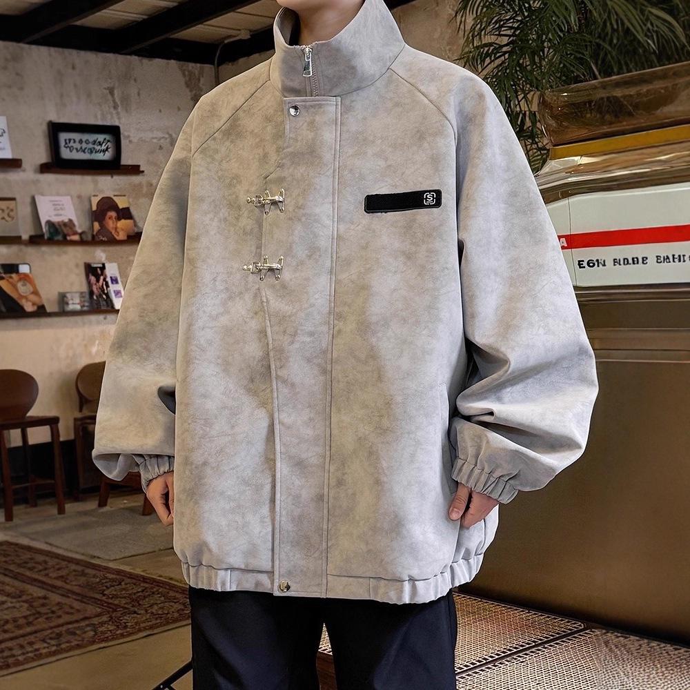 Men's Retro Tie-Dye PU Leather Jacket with Metal Airplane Buckle and Stand Collar - Autumn/Winter Outerwear