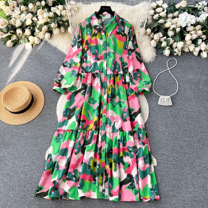 

Loose Slimming Long Sleeves Drape Holiday Floral Dress Green One size