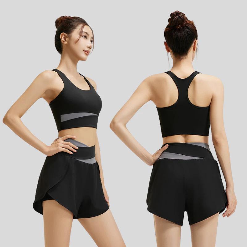 Conjunto de Shorts com Sutiã Esportivo e Top Regata Yoga Muay Thai Boxe Treino de Exercícios Pilates Fitness Workout Roupa Esportiva Feminina Academia Secagem Rápida Tecido Elástico