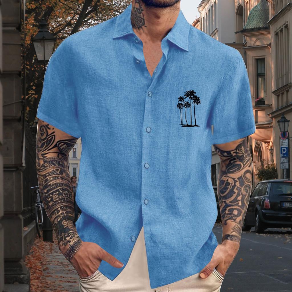 Men'S Casual Loose Short Sleeved Printed Shirt With Fashionable Lapel Top