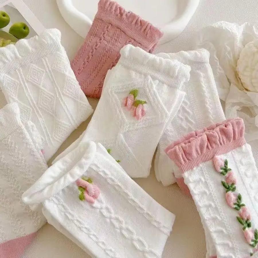 5 Paar Niedliche Spitze Mittelhohe Socken Damen Lolitajk Rüschen Harajuku Stil Herbst Winter Weich Vielseitig Modisch Mädchen Socken