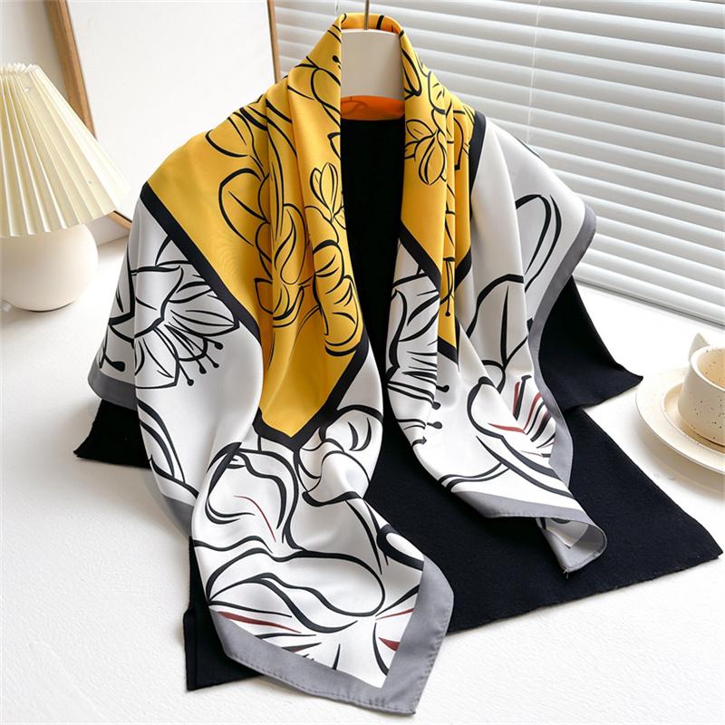 

Luxury New Retro Printed Silk Scarf 90cm Twill Silk Scarf Lotus Fashion Large Square Scarves Sunscreen Shawl Headscarf 90X90CM