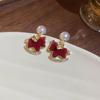 Elegant Rhinestone-Inlaid Red Flocking Pearl Horse Stud Earrings